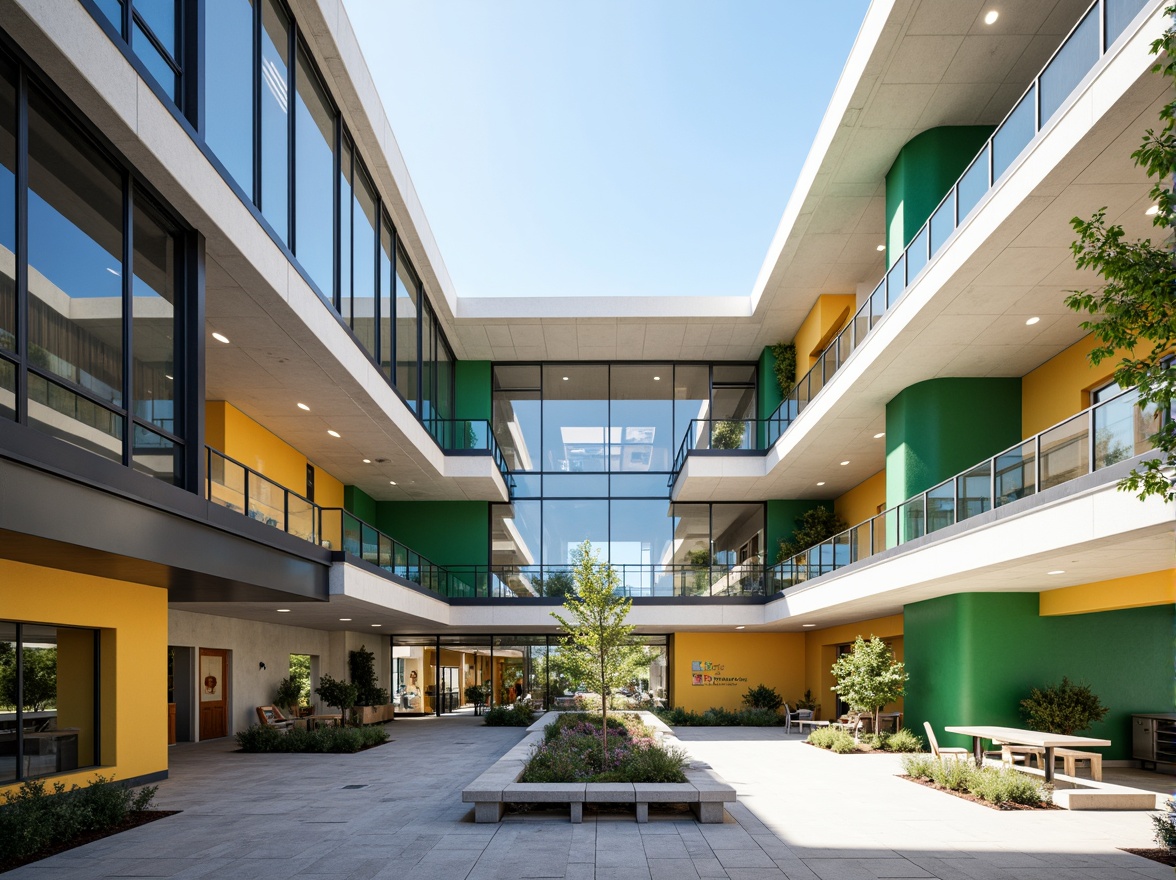 Prompt: Modern high school facade, clean lines, minimalist aesthetic, large glass windows, metal frames, cantilevered roofs, open courtyard, vibrant green walls, educational signage, sleek handrails, polished concrete floors, natural stone cladding, abstract geometric patterns, bold color accents, dynamic shading, 1/1 composition, softbox lighting, realistic reflections, ambient occlusion.