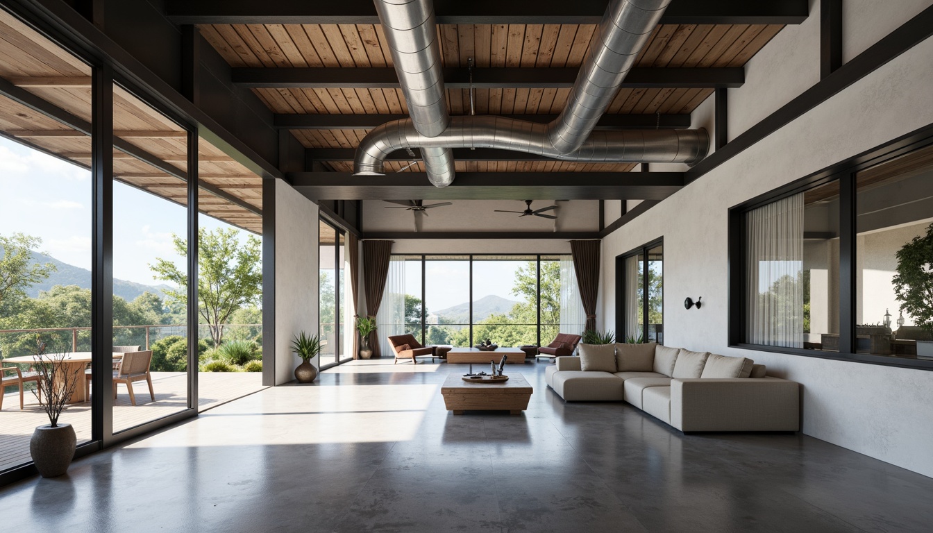 Prompt: Clean lines, simple shapes, monochromatic color scheme, industrial materials, exposed ductwork, polished concrete floors, minimalist decor, functional furniture, abundant natural light, floor-to-ceiling windows, sliding glass doors, open floor plans, cantilevered roofs, steel beams, wooden accents, subtle textures, soft ambient lighting, 1/1 composition, symmetrical framing, realistic renderings, atmospheric perspective.