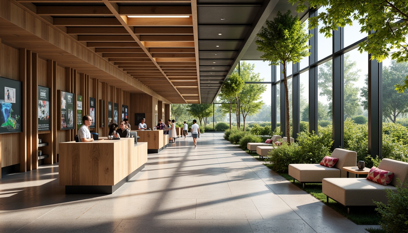 Prompt: Modern visitor center interior, sleek reception desk, interactive exhibits, digital displays, comfortable seating areas, natural stone flooring, wooden accents, abundant greenery, floor-to-ceiling windows, panoramic views, soft warm lighting, shallow depth of field, 3/4 composition, realistic textures, ambient occlusion, futuristic architecture design, minimalist decor, sustainable materials, eco-friendly furniture, innovative ventilation systems, shaded outdoor spaces, misting systems, vibrant colorful textiles, intricate geometric motifs.