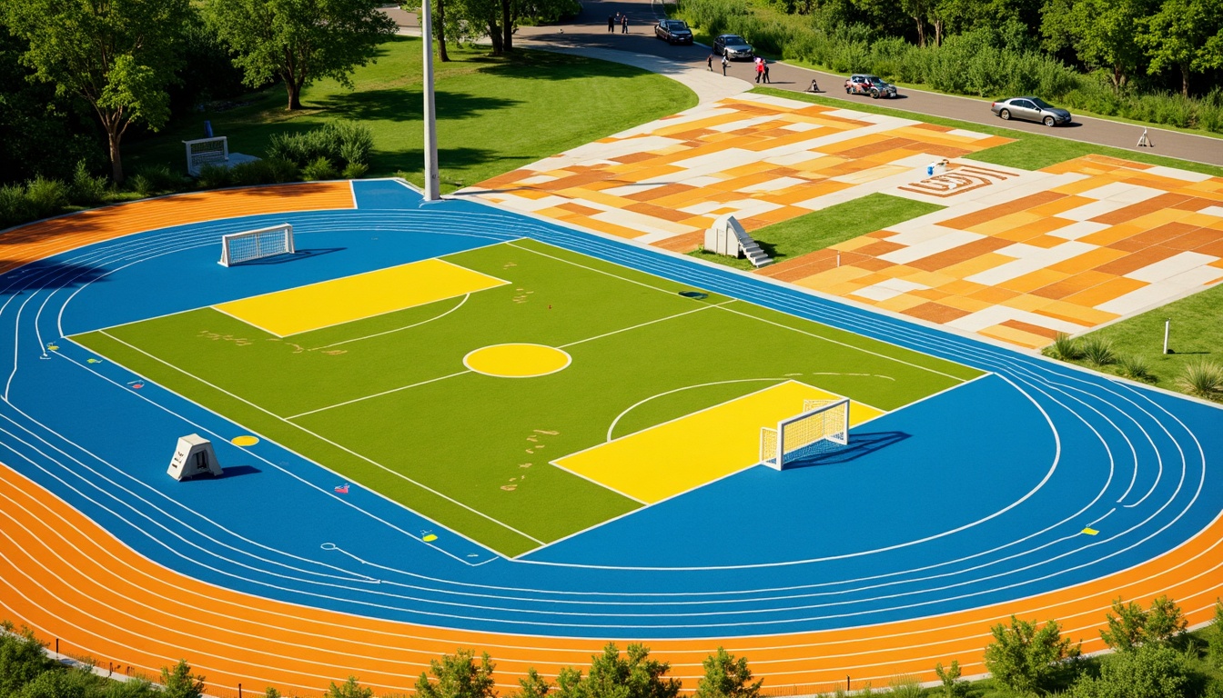 Prompt: Vibrant sports fields, eclectic color palette, bold stripes, bright yellows, deep blues, energetic oranges, lime greens, dynamic patterns, abstract shapes, modern athletic facilities, sleek track lanes, professional soccer goals, basketball courts, tennis nets, baseball diamonds, lush green grass, natural earth tones, sunny day, dramatic shadows, high-contrast lighting, shallow depth of field, 1/2 composition, realistic textures, ambient occlusion.