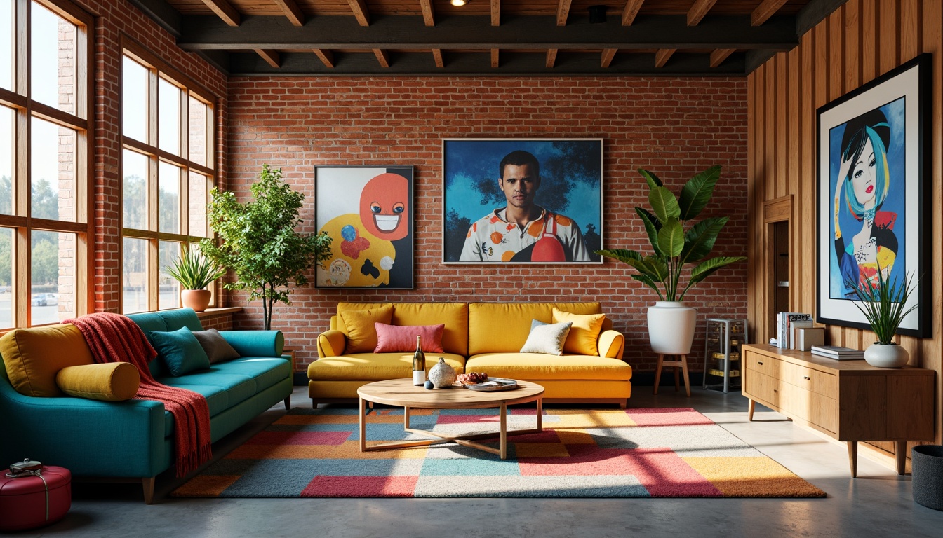 Prompt: Vibrant artistic studio, eclectic furniture, abstract artwork, bold color blocking, contrasting textures, modern industrial architecture, exposed brick walls, polished concrete floors, reclaimed wood accents, natural light pouring in, soft warm glow, 1/1 composition, shallow depth of field, realistic renderings, ambient occlusion.