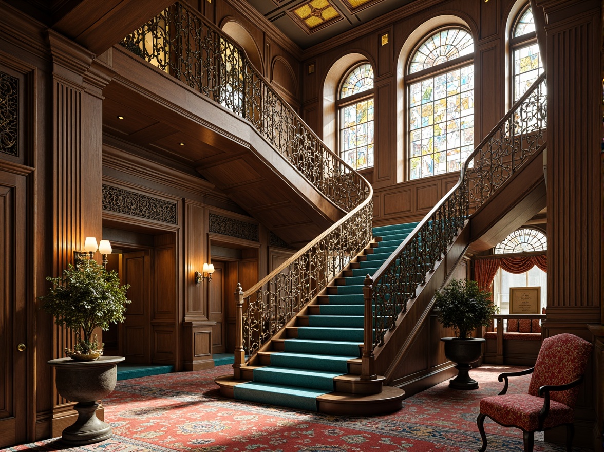 Prompt: Grand staircase, ornate metal railings, flowing organic lines, vibrant turquoise accents, stained glass windows, intricate wooden paneling, curved doorways, luxurious velvet drapes, richly patterned rugs, elegant chandeliers, warm golden lighting, shallow depth of field, 1/1 composition, symmetrical balance, realistic textures, ambient occlusion, ornate plaster ceilings, decorative moldings, grandiose entrance halls, sweeping archways.