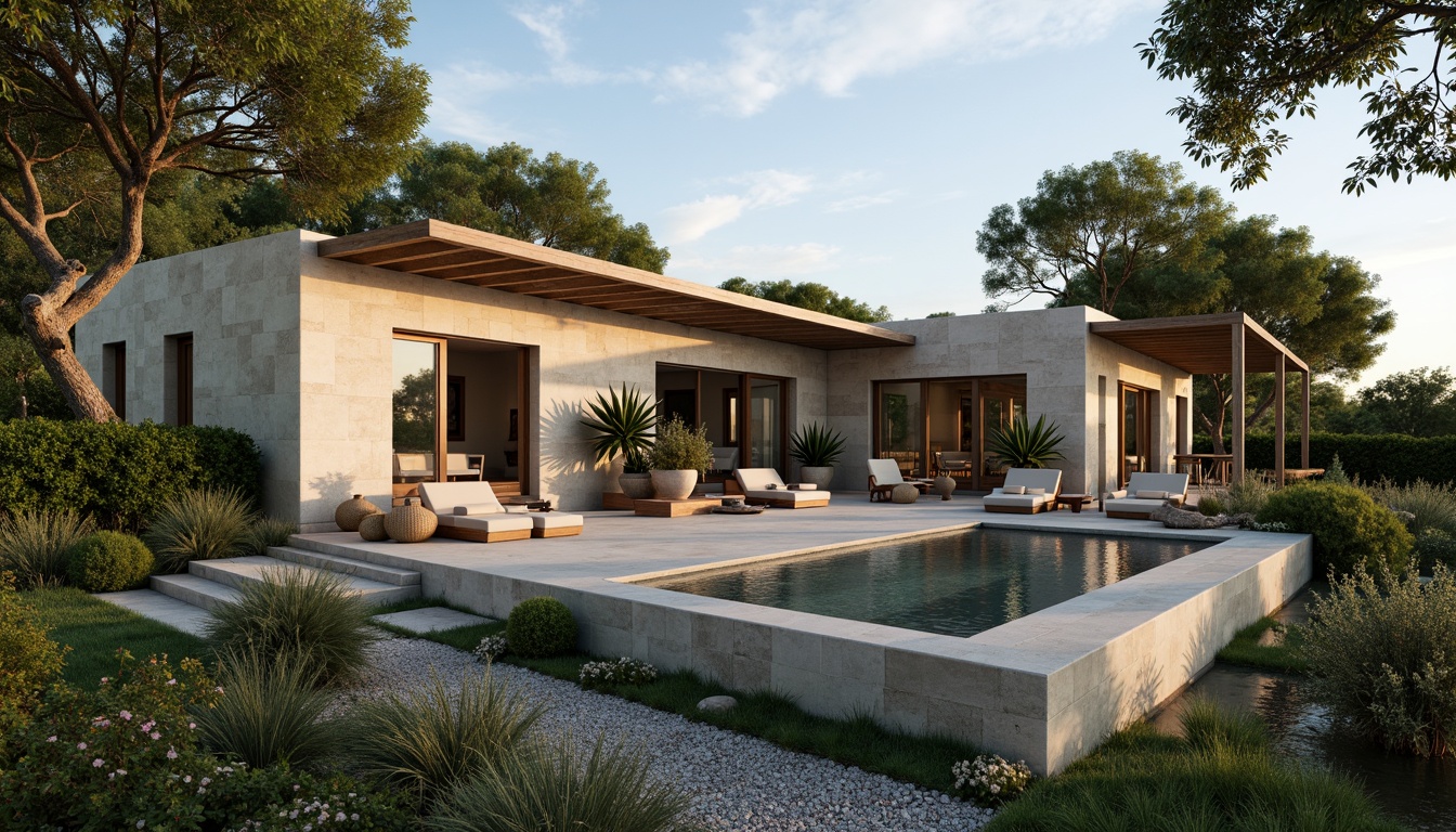 Prompt: Lush greenery, curved lines, minimalist villa, modernist architecture, sleek stone walls, large windows, sliding glass doors, infinity pool, sunken seating area, outdoor fireplace, ambient lighting, warm beige tones, natural textures, Mediterranean plants, olive trees, succulents, gravel pathways, wooden decks, cantilevered roofs, panoramic views, shallow depth of field, 3/4 composition, realistic rendering.