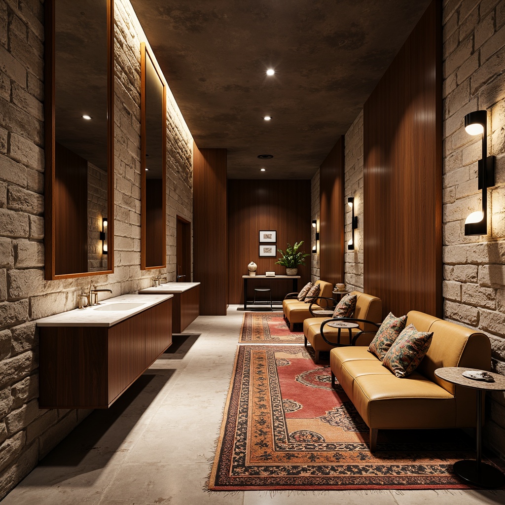 Prompt: Richly textured stone walls, warm wooden accents, soft plush carpets, metallic sheen, glossy marble countertops, velvety upholstery, intricate mosaic patterns, natural fiber rugs, distressed wood finishes, industrial concrete floors, luxurious silk fabrics, ambient lighting, shallow depth of field, 3/4 composition, realistic reflections, atmospheric perspective.