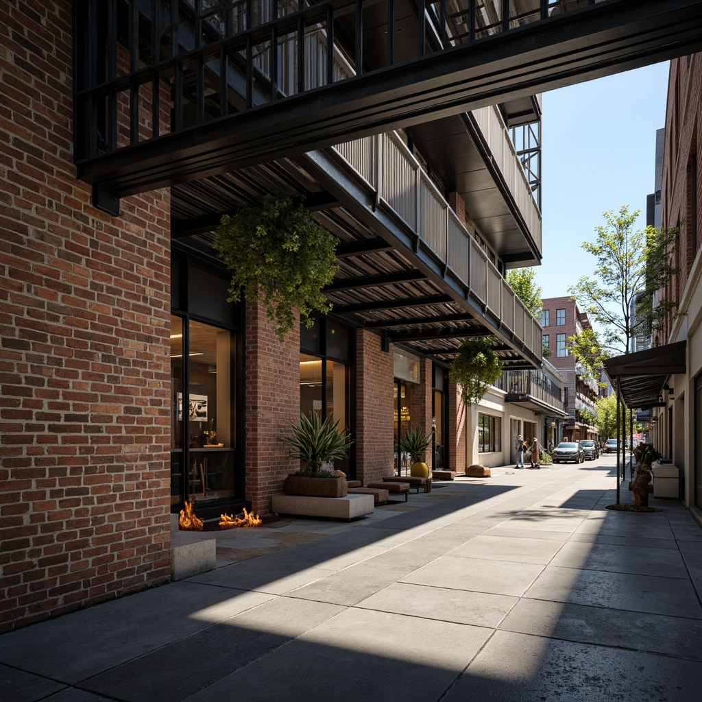 Prompt: Modern building facade, exposed steel beams, industrial chic aesthetic, polished concrete floors, minimalist decor, urban cityscape, bustling streets, vibrant street art, eclectic mix of old and new architecture, cantilevered roofs, asymmetrical compositions, dramatic lighting effects, high-contrast shadows, 1/2 composition, wide-angle lens, cinematic atmosphere, realistic textures, ambient occlusion.