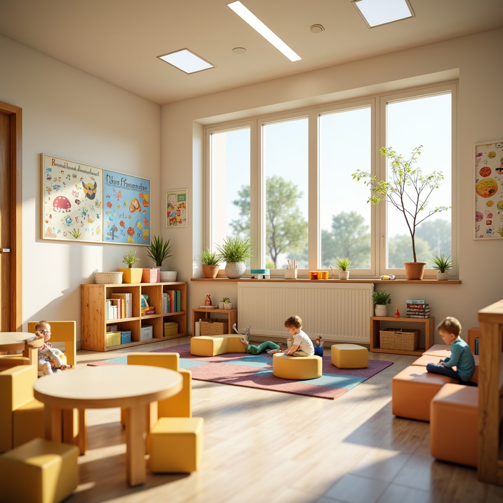 Prompt: Vibrant kindergarten, playful learning environment, soft pastel colors, gentle wood accents, whimsical illustrations, educational posters, colorful blocks, alphabet letters, number shapes, friendly cartoon characters, natural light pouring in, warm beige flooring, cozy reading nooks, circular tables, tiny chairs, joyful atmosphere, shallow depth of field, 1/1 composition, soft focus, creamy textures, subtle ambient occlusion.