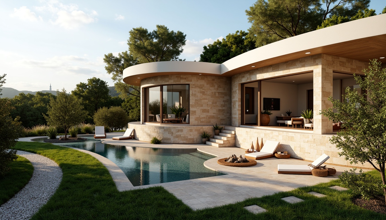 Prompt: Lush greenery, curved lines, minimalist villa, modernist architecture, sleek stone walls, large windows, sliding glass doors, infinity pool, sunken seating area, outdoor fireplace, ambient lighting, warm beige tones, natural textures, Mediterranean plants, olive trees, succulents, gravel pathways, wooden decks, cantilevered roofs, panoramic views, shallow depth of field, 3/4 composition, realistic rendering.