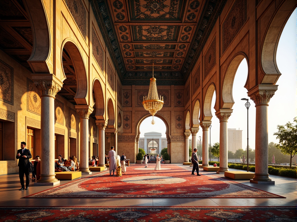 Prompt: Vibrant Islamic-inspired architecture, intricate geometric motifs, ornate tile work, symmetrical archways, grand domes, minarets, colorful mosaics, luxurious textiles, opulent furnishings, lavish decorations, majestic columns, grandiose chandeliers, warm golden lighting, shallow depth of field, 3/4 composition, panoramic view, realistic textures, ambient occlusion.