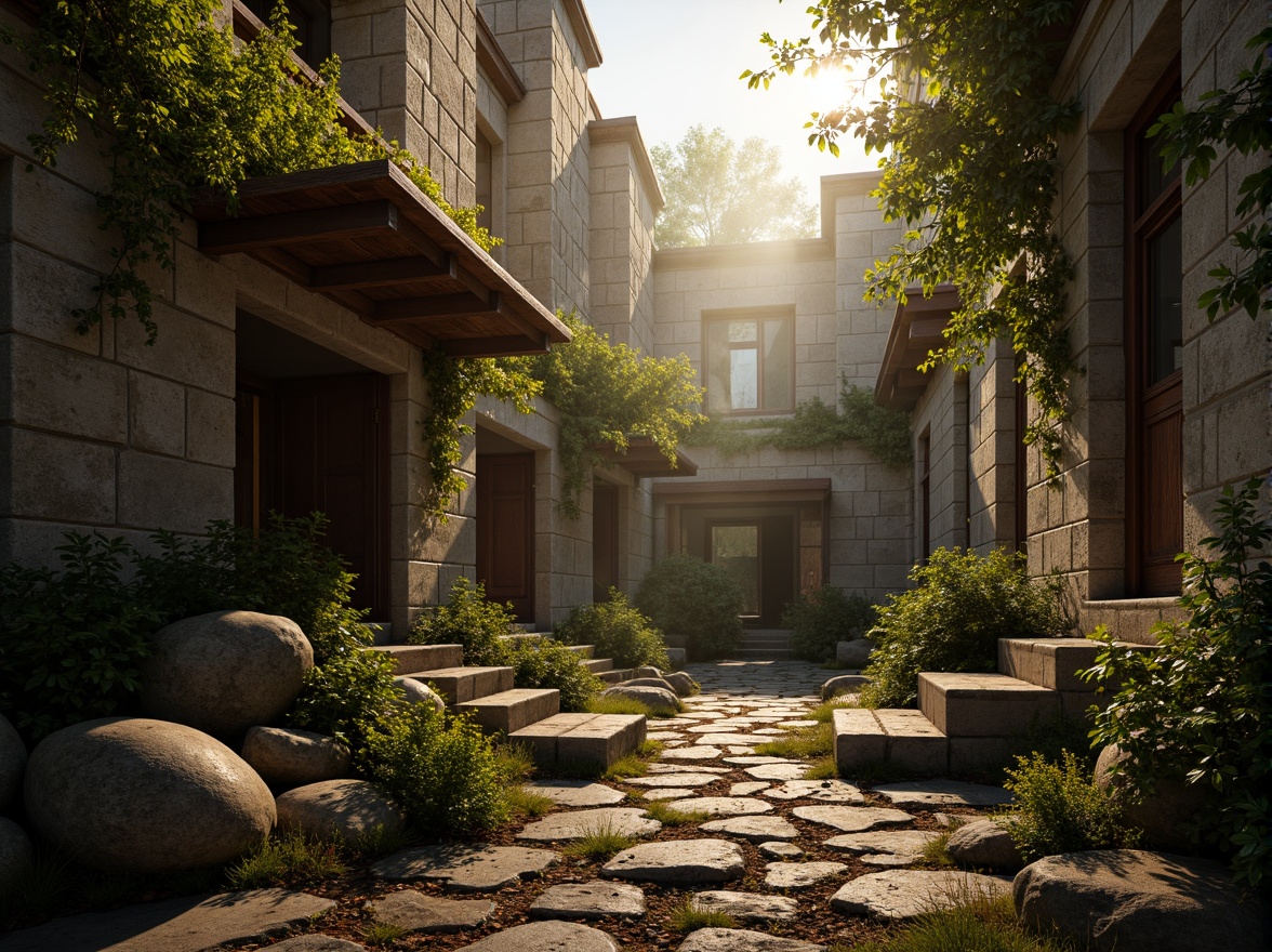 Prompt: Rugged rocky terrain, weathered stone walls, ancient ruins, mysterious abandoned structures, overgrown vegetation, vines crawling up surfaces, moss-covered boulders, rusty metal accents, distressed wooden planks, worn stone pathways, eerie misty atmosphere, warm golden lighting, high contrast shadows, dramatic depth of field, 1/2 composition, cinematic camera angles, realistic normal mapping, ambient occlusion.