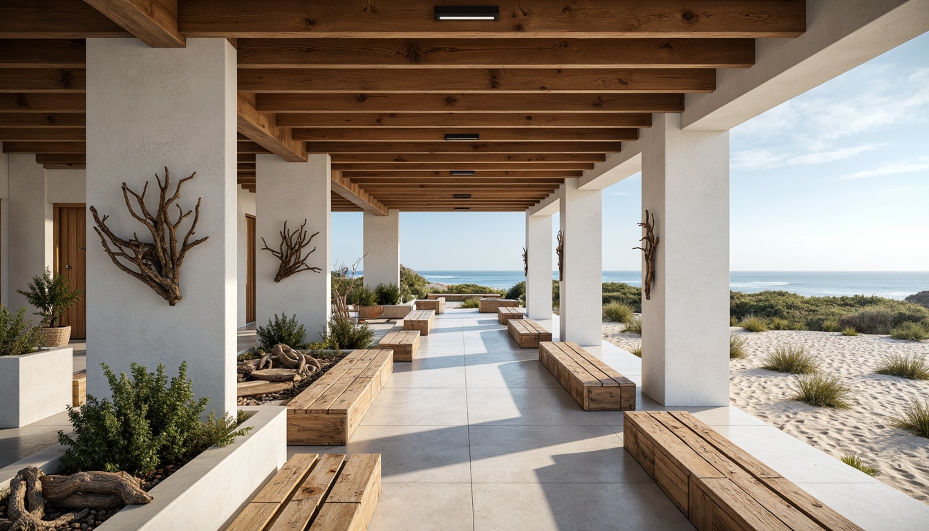 Prompt: Sleek coastal shopping center, minimalist architecture, clean lines, neutral tones, weathered wood accents, driftwood decorations, sea salt air, ocean views, sandy dunes, beachy vibe, natural stone flooring, reclaimed wood benches, nautical ropes, subtle lighting, soft ocean breeze, shallow depth of field, 1/1 composition, panoramic view, realistic textures, ambient occlusion.