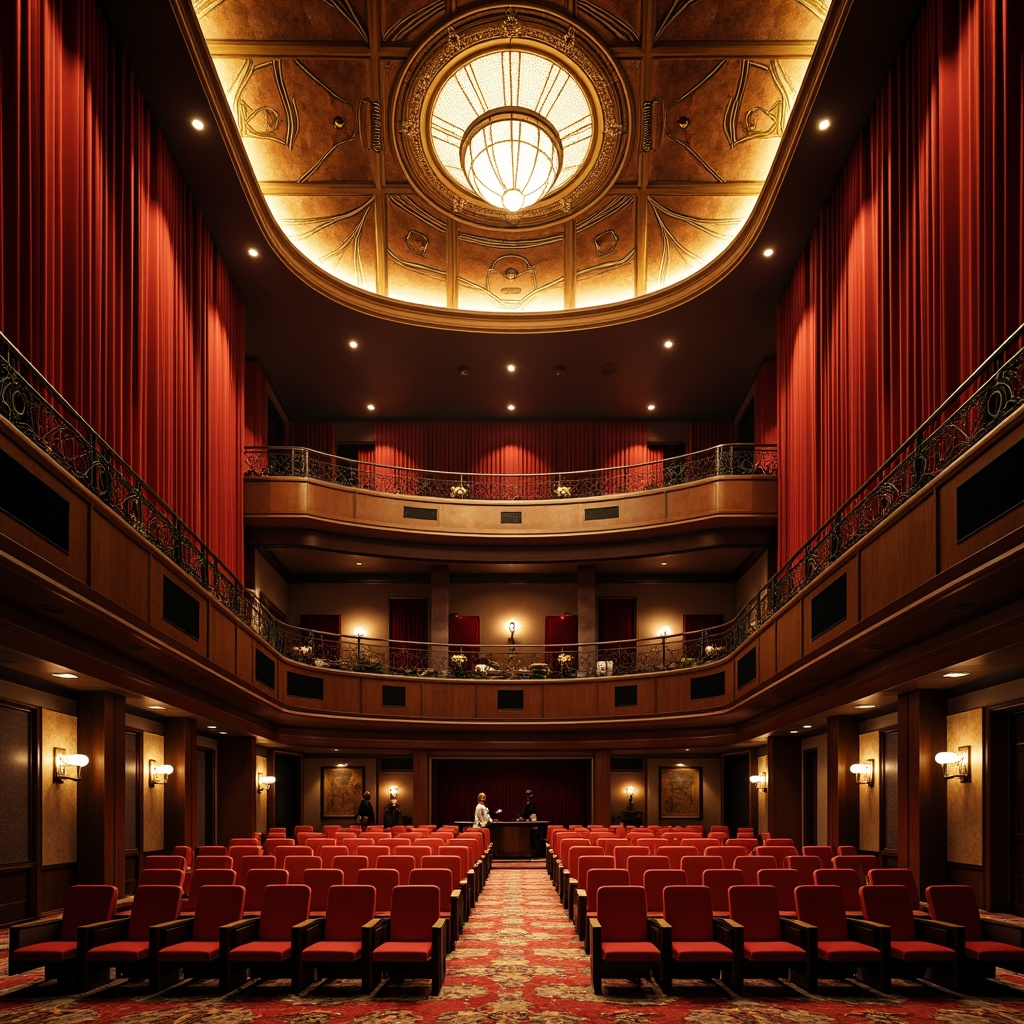 Prompt: Luxurious auditorium interior, rich velvet curtains, warm golden lighting, dark wood accents, plush red seats, ornate metal details, grand chandeliers, sophisticated sound systems, acoustic panels, dramatic spotlights, soft carpeting, elegant staircases, refined architectural lines, subtle texture contrasts, atmospheric ambiance, 1/2 composition, cinematic lighting, realistic reflections.