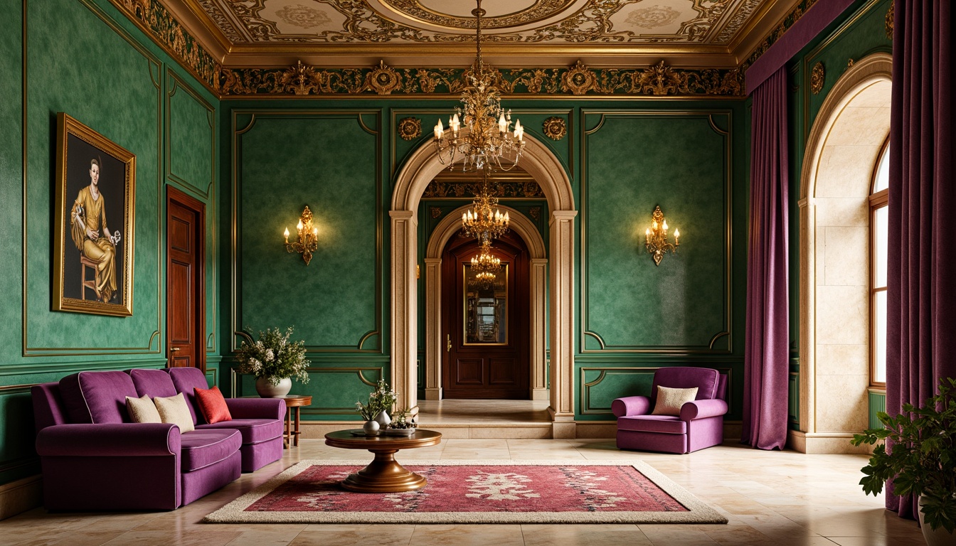 Prompt: Luxurious apartment interior, Byzantine-inspired architecture, rich jewel tones, emerald green walls, golden accents, ornate patterns, intricate mosaics, warm beige marble floors, lavish velvet fabrics, regal purple hues, soft cream ceilings, dramatic chandeliers, opulent furnishings, grandiose archways, mystical ambiance, warm golden lighting, shallow depth of field, 1/1 composition, realistic textures, ambient occlusion.