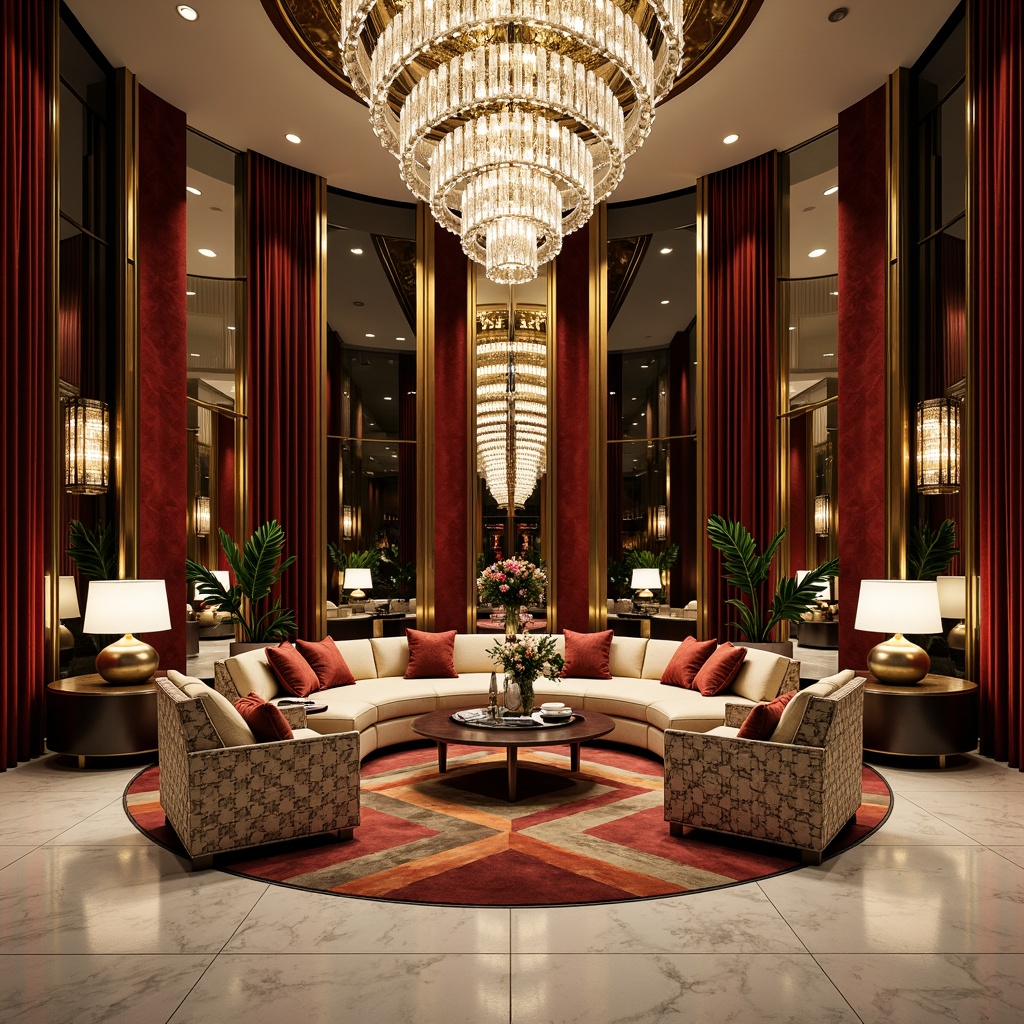 Prompt: Luxurious art deco interior, opulent geometric shapes, metallic accents, ornate patterns, chevron designs, zigzag motifs, sunburst compositions, stylized florals, bold color contrasts, lavish materials, marble floors, crystal chandeliers, velvet drapes, gilded frames, ornamental mirrors, stepped silhouettes, angular lines, futuristic flair, high-contrast lighting, dramatic shadows, 1/1 composition, symmetrical arrangement, realistic reflections.