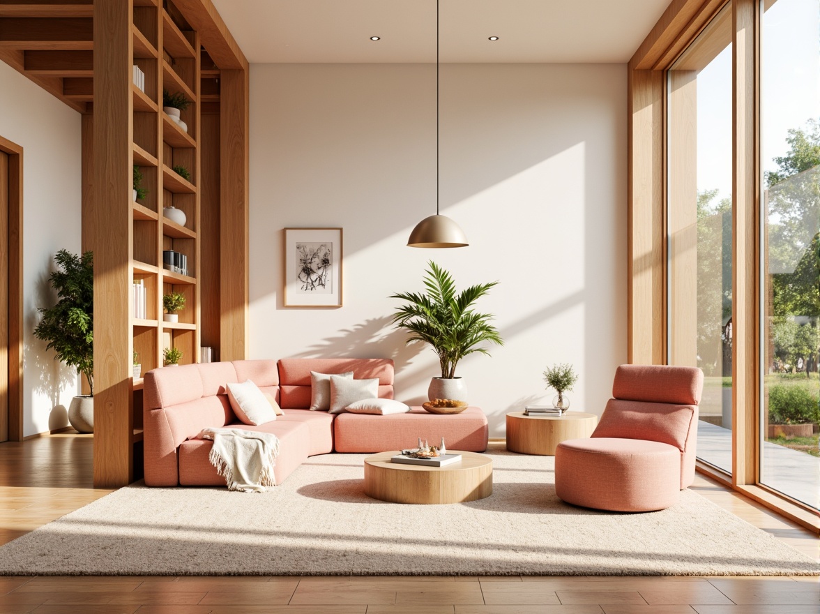 Prompt: Vibrant modern interior, pastel color scheme, soft peach tones, creamy whites, rich wood accents, metallic gold fixtures, natural textiles, plush area rugs, floor-to-ceiling windows, abundant sunlight, warm cozy ambiance, 1/1 composition, shallow depth of field, realistic renderings, ambient occlusion.