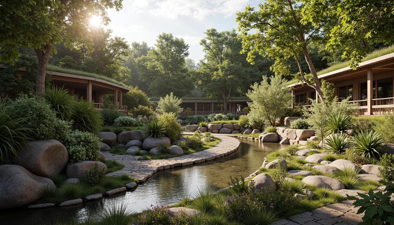 Prompt: Seamless landscape integration, organic curves, natural stone walls, lush green roofs, native plant species, meandering pathways, serene water features, wooden bridges, rustic benches, earthy color palette, warm sunlight, soft shadows, 1/1 composition, atmospheric perspective, realistic foliage, ambient occlusion.