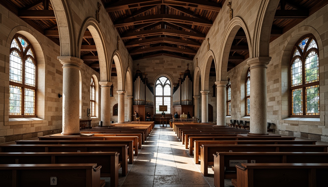 Prompt: Ancient stone walls, ornate wooden pews, stained glass windows, intricate marble floors, rustic brick arches, vaulted ceilings, grandiose pipe organs, luxurious velvet drapes, weathered copper roofs, distressed wood accents, smooth limestone columns, ornamental metalwork, mystical ambiance, warm soft lighting, high contrast ratio, dramatic shadows, 1/2 composition, symmetrical framing, realistic reflections, subtle ambient occlusion.