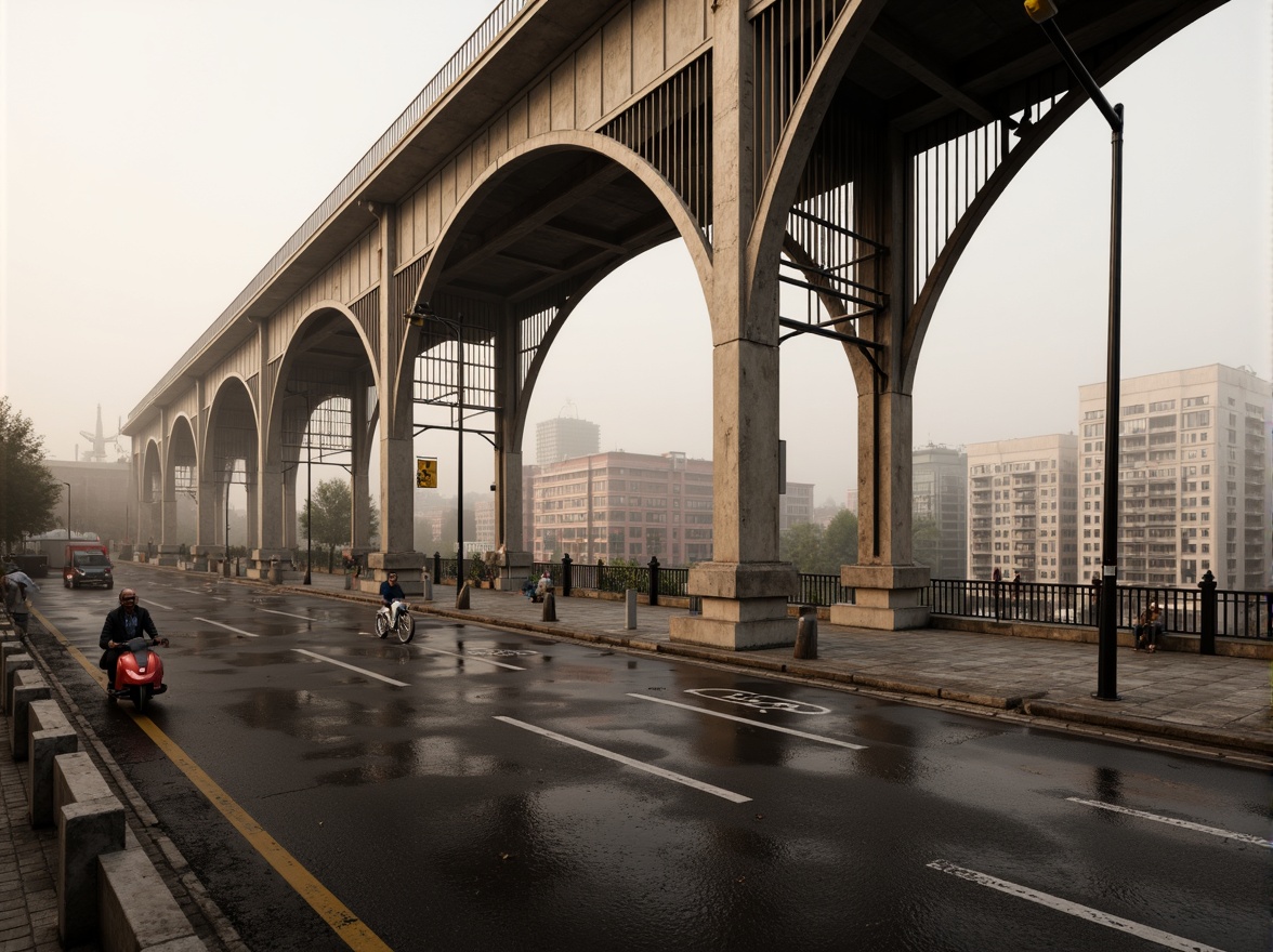 Prompt: Rustic vehicular bridge, steel arches, suspension cables, concrete piers, asphalt roadways, metallic railings, urban cityscape, misty morning fog, soft warm lighting, shallow depth of field, 1/1 composition, realistic textures, ambient occlusion, structural beams, load-bearing columns, reinforced concrete foundations, drainage systems, waterproof coatings, anti-corrosion treatments, safety barriers, pedestrian walkways, scenic overlooks.