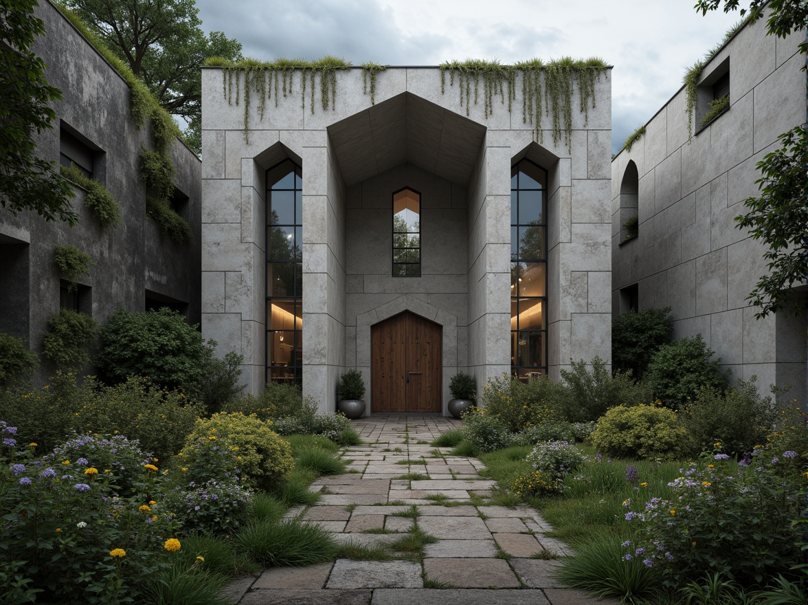 Prompt: Rugged brutalist church, raw concrete walls, angular lines, fortress-like structure, natural stone fa\u00e7ade, overgrown vegetation, wildflowers, moss-covered roofs, weathered wooden doors, stained glass windows, dramatic lighting, high ceilings, minimalist interior, sacred atmosphere, serene ambiance, misty morning, soft diffused light, 1/1 composition, symmetrical framing, realistic textures, ambient occlusion.