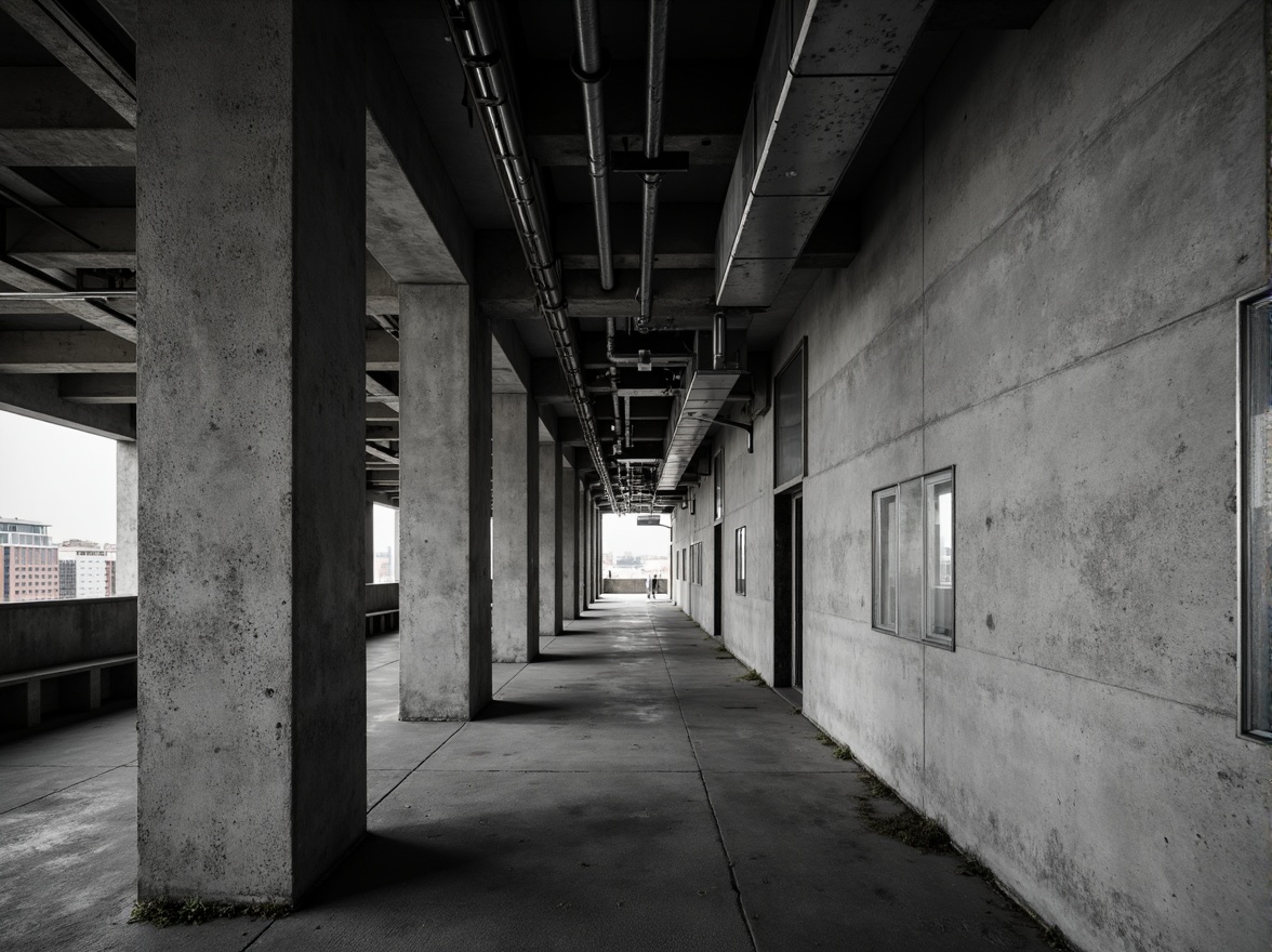 Prompt: Industrial concrete walls, exposed ductwork, metallic beams, urban cityscape, modern brutalist architecture, rough unfinished surfaces, monochromatic color palette, dramatic shadows, high contrast lighting, 1/2 composition, close-up shot, realistic textures, ambient occlusion.