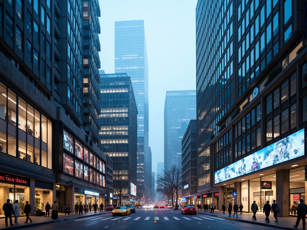 Prompt: Futuristic cityscape, sleek skyscrapers, iridescent glass facades, metallic frames, neon lights, holographic advertisements, bustling streets, flying cars, robotic pedestrians, cyberpunk atmosphere, misty evening, soft blue lighting, shallow depth of field, 1/1 composition, panoramic view, realistic reflections, ambient occlusion.