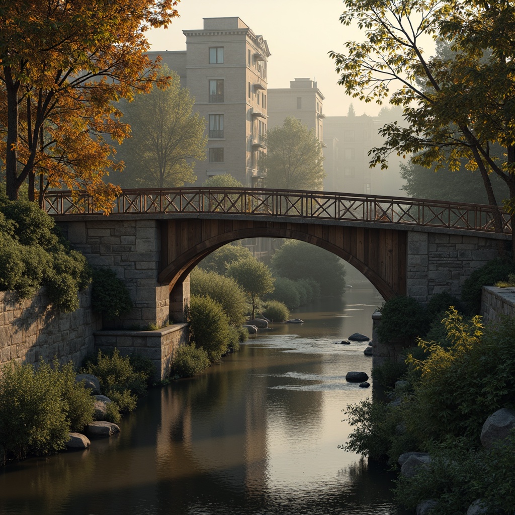 Prompt: Timeless bridge architecture, rustic stone walls, ornate metal railings, weathered wooden accents, earthy brown tones, muted greenery, soft misty atmosphere, warm golden lighting, subtle gradient effects, realistic textures, ambient occlusion, 1/1 composition, symmetrical framing, serene water reflections, gentle river flow, lush vegetation, natural stone piers, classic ornamental details, elegant arches, refined lines, sophisticated simplicity.