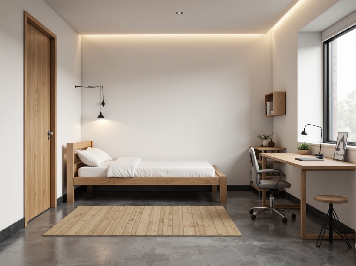 Prompt: Simple dorm room, minimal decor, monochromatic color scheme, sleek wooden furniture, low-profile bed frame, compact desk, ergonomic chair, geometric-shaped nightstand, industrial-style lighting fixtures, concrete floor, plain white walls, subtle textures, soft warm glow, shallow depth of field, 1/1 composition, realistic rendering, ambient occlusion.