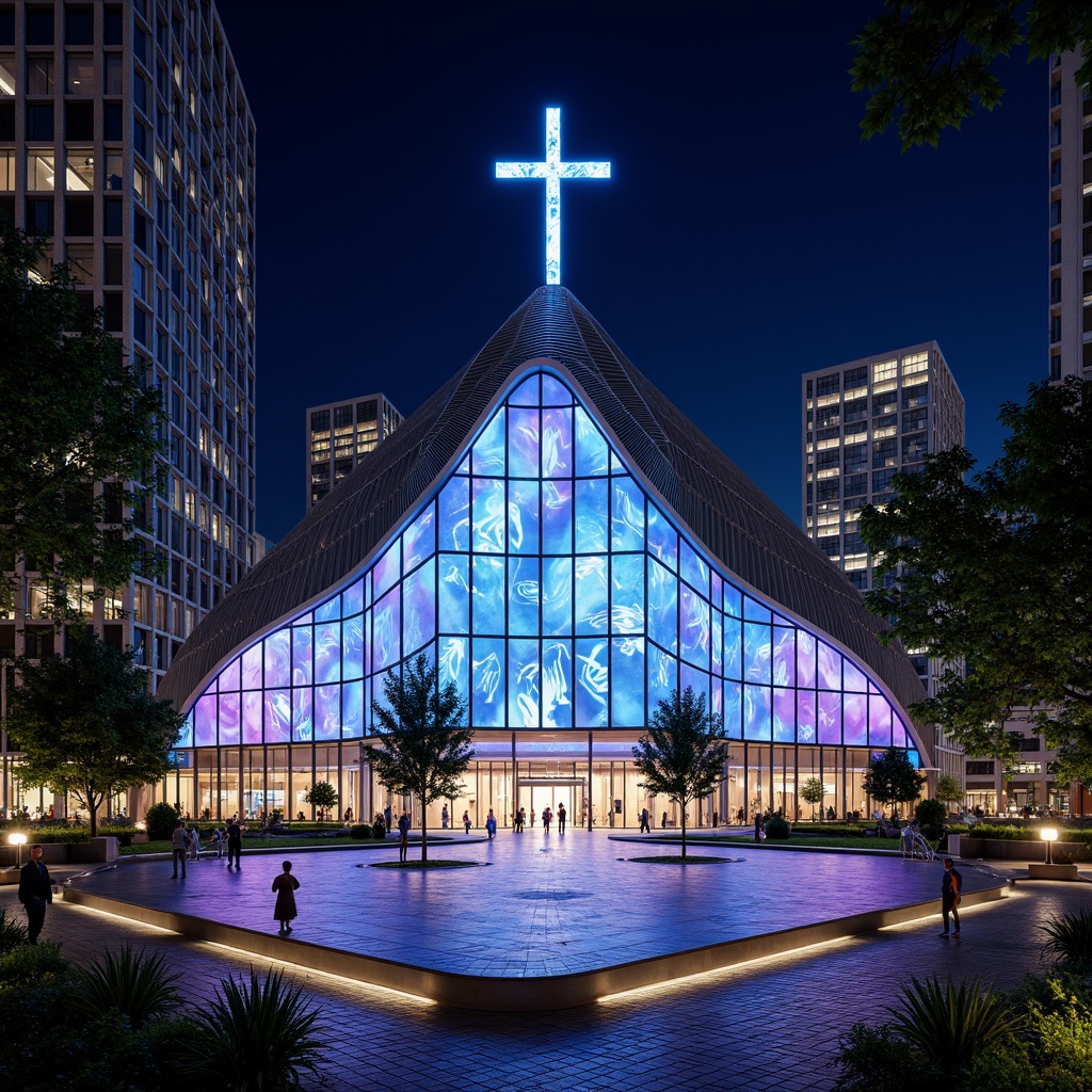 Prompt: Futuristic church facade, neon-lit crosses, iridescent stained glass windows, holographic projections, metallic mesh exteriors, parametric architecture, undulating curves, glowing LED accents, cantilevered roofs, angular lines, minimalist ornamentation, sustainable energy harvesting systems, solar panels, wind turbines, water conservation systems, green roofs, eco-friendly materials, innovative cooling technologies, shaded outdoor spaces, misting systems, futuristic sculptures, vibrant colorful textiles, intricate geometric motifs, 3/4 composition, panoramic view, realistic textures, ambient occlusion.