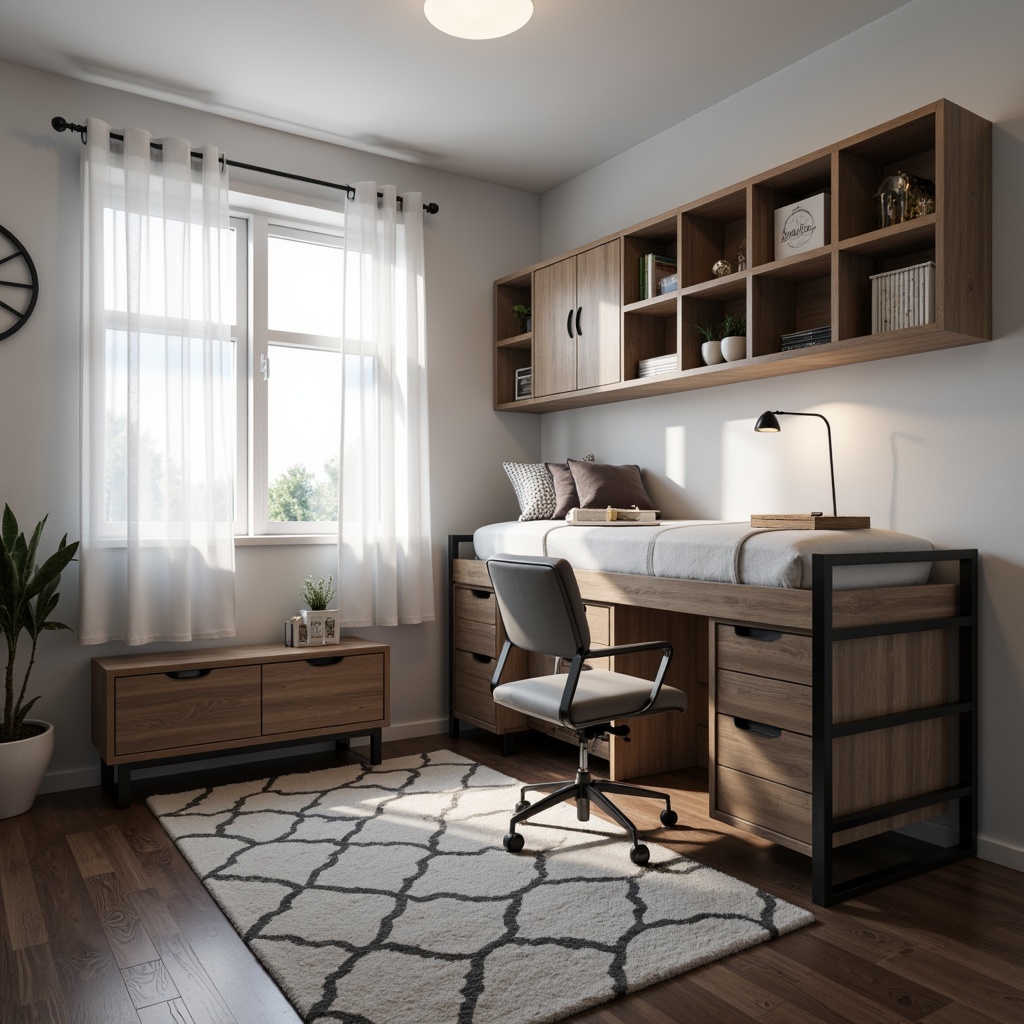 Prompt: Simple dorm room, minimal decor, monochromatic color scheme, sleek metal furniture, compact storage units, clutter-free space, natural light pouring in, sheer white curtains, wooden flooring, geometric-shaped rug, modern desk lamp, ergonomic chair, built-in shelves, industrial-chic accents, calm atmosphere, soft warm lighting, shallow depth of field, 1/1 composition, realistic textures, ambient occlusion.