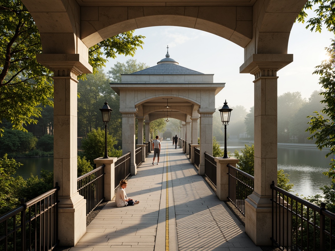 Prompt: Elegant pedestrian bridge, ornate iron railings, classicism-inspired arches, refined stone pillars, intricate carvings, ornamental lanterns, soft warm lighting, misty morning atmosphere, serene river views, lush greenery surroundings, natural stone walkways, decorative metalwork, subtle golden accents, symmetrical composition, shallow depth of field, 3/4 perspective, realistic textures, ambient occlusion.