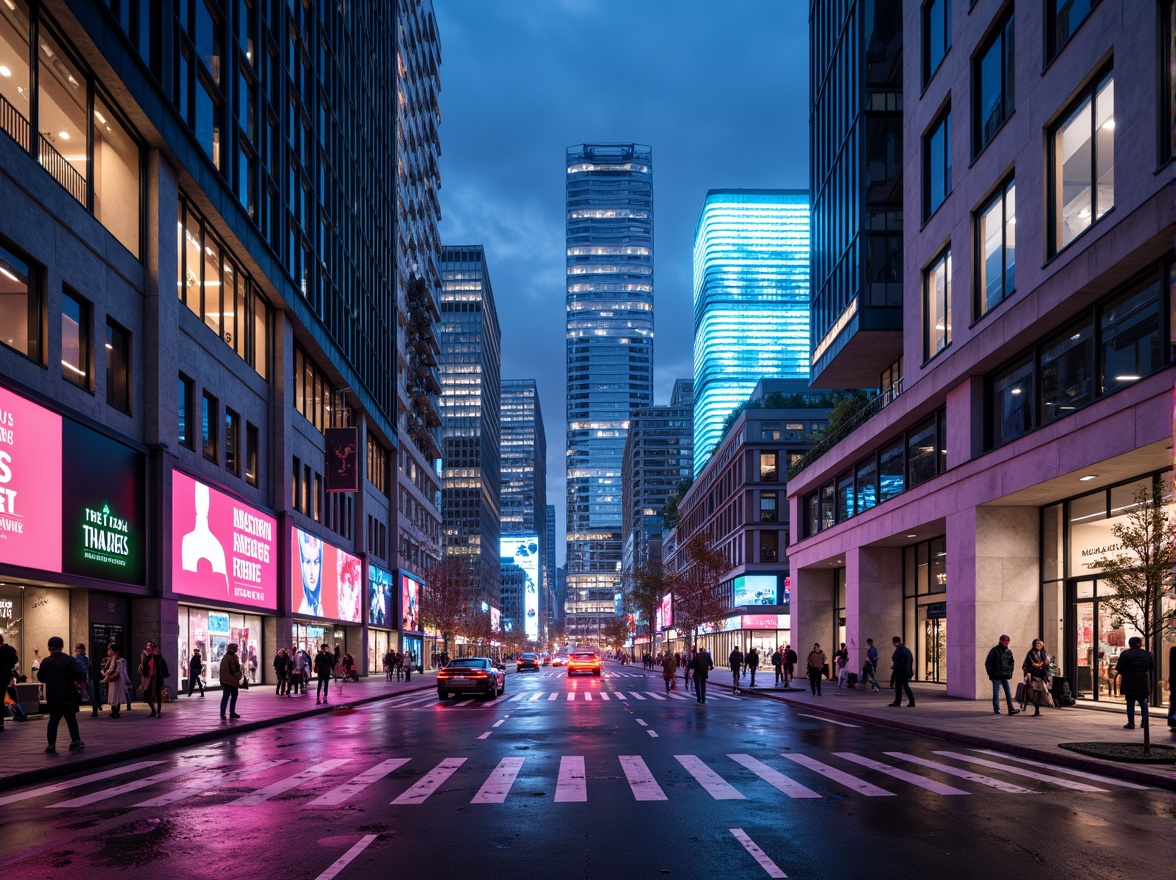 Prompt: Neon-lit cityscape, metallic skyscrapers, iridescent glass facades, holographic advertisements, cyberpunk alleys, neon-drenched streets, futuristic transportation hubs, levitating cars, hyper-modern skyscrapers, LED-infused buildings, electric blue accents, vibrant pink hues, luminescent whites, dark greys, sleek silvers, chrome finishes, geometric patterns, 3D-printed structures, augmented reality interfaces, virtual reality landscapes, panoramic city views, high-contrast lighting, cinematic depth of field, futuristic urban planning.