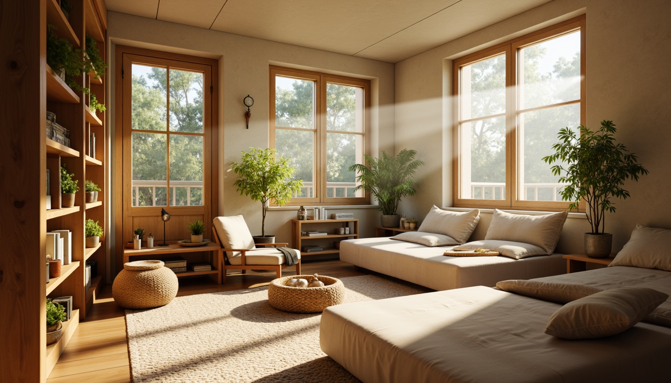 Prompt: Cozy dorm room, large windows, soft natural light, warm beige walls, comfortable bedding, wooden furniture, plants on shelves, gentle morning sunbeams, calming atmosphere, relaxing ambiance, soft shadows, 1/1 composition, shallow depth of field, realistic textures, ambient occlusion.