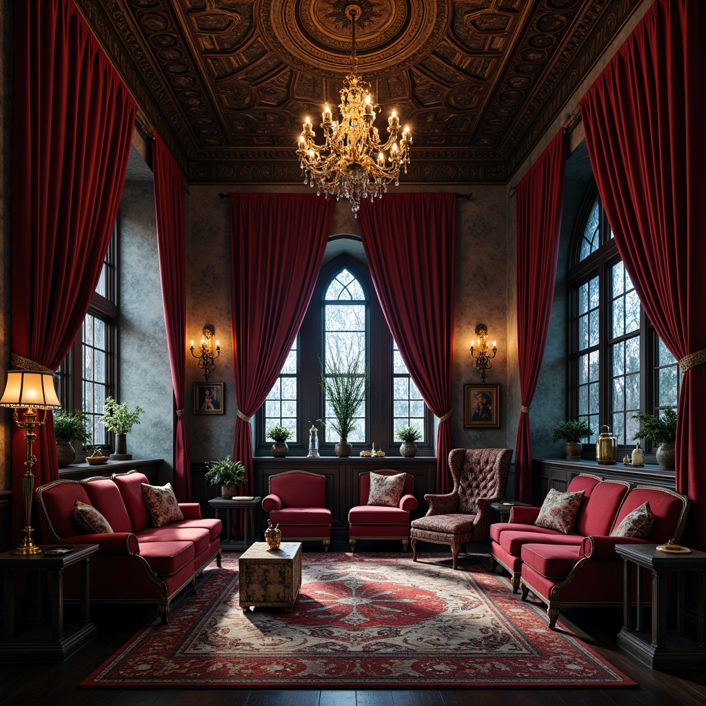 Prompt: Luxurious velvet drapes, richly embroidered tapestries, ornate wooden furnishings, grandiose chandeliers, mystical stained glass windows, intricate stone carvings, dramatic archways, mysterious alcoves, lavish throne-like chairs, regal crimson reds, midnight blues, golden accents, warm candlelight, soft misty atmosphere, 1/1 composition, low-key lighting, realistic textures, ambient occlusion.