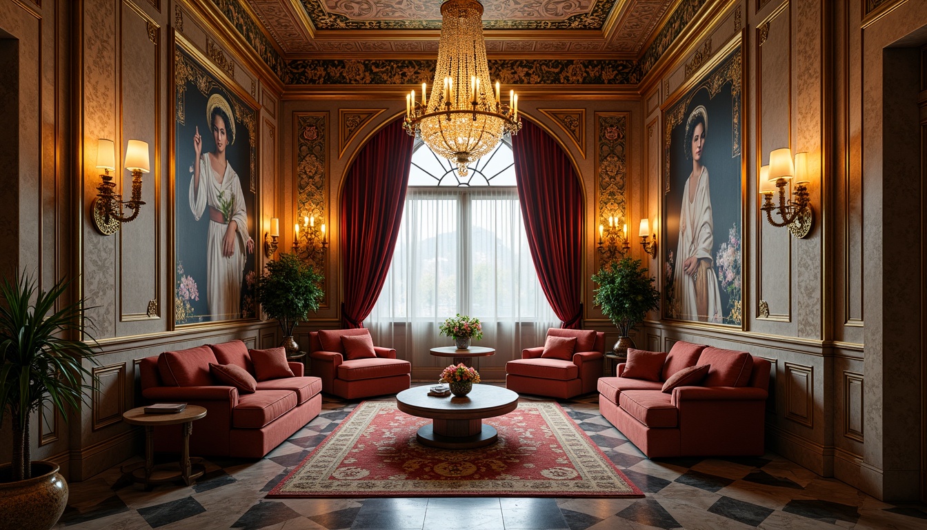 Prompt: Luxurious apartment interior, Byzantine-inspired ornate details, golden accents, intricate mosaics, ornate arches, grand chandeliers, rich velvet fabrics, jewel-toned color palette, lavish furnishings, marble floors, ornamental columns, gilded frames, opulent textiles, regal atmosphere, warm soft lighting, shallow depth of field, 1/1 composition, realistic textures, ambient occlusion.