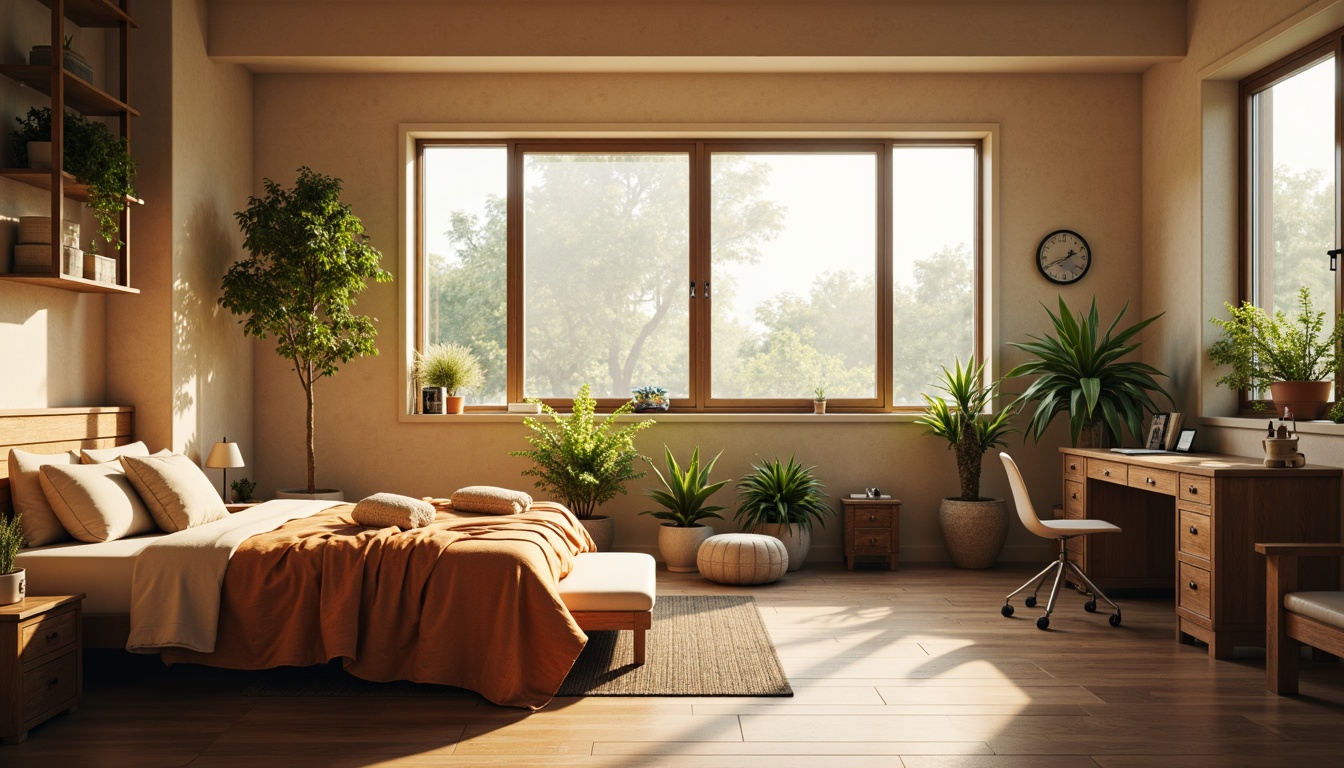 Prompt: Cozy dorm room, large windows, soft natural light, warm beige walls, comfortable bedding, wooden furniture, plants on shelves, calm atmosphere, morning sunlight, gentle shadows, 1/1 composition, shallow depth of field, realistic textures, ambient occlusion.