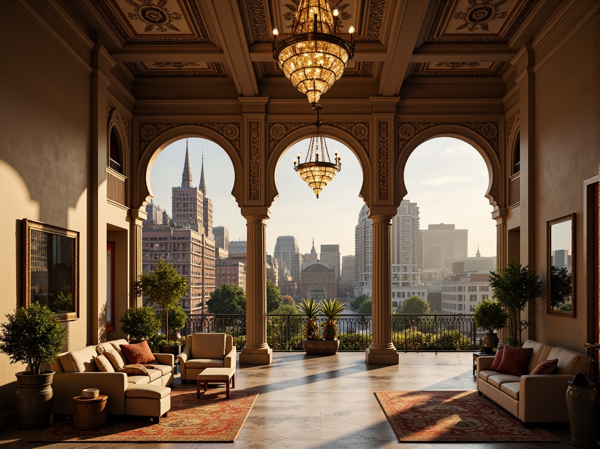 Prompt: Intricate arches, ornate columns, Byzantine-inspired architecture, luxurious apartment complex, grand entrance hall, high ceilings, marble floors, ornamental chandeliers, lavish furnishings, rich textiles, warm golden lighting, shallow depth of field, 1/1 composition, realistic textures, ambient occlusion, urban cityscape, bustling streets, modern amenities, rooftop gardens, panoramic views.