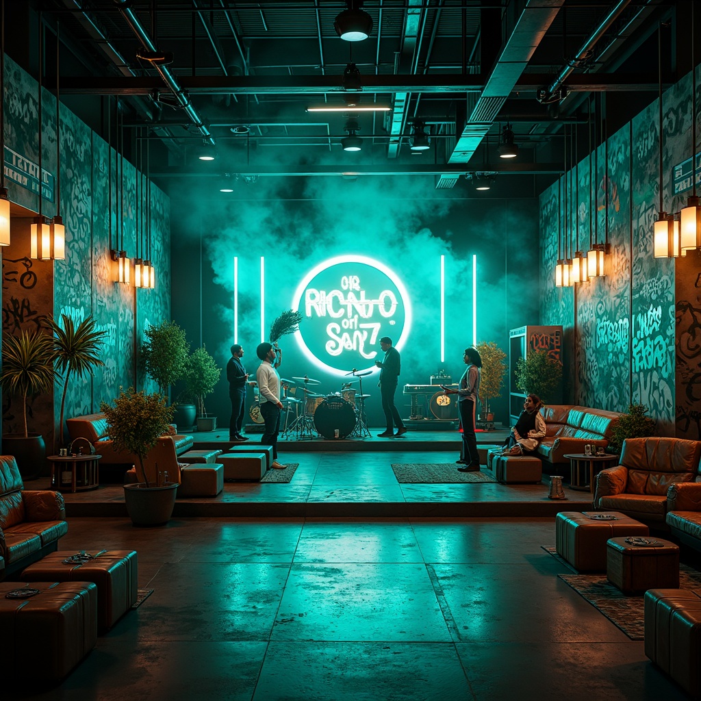 Prompt: Vibrant teal accents, neon lights, dynamic stage design, eclectic music instruments, graffiti walls, industrial metal beams, polished concrete floors, trendy lounge seating, retro-futuristic decor, edgy urban atmosphere, moody dim lighting, shallow depth of field, 1/1 composition, cinematic view, realistic textures, ambient occlusion.