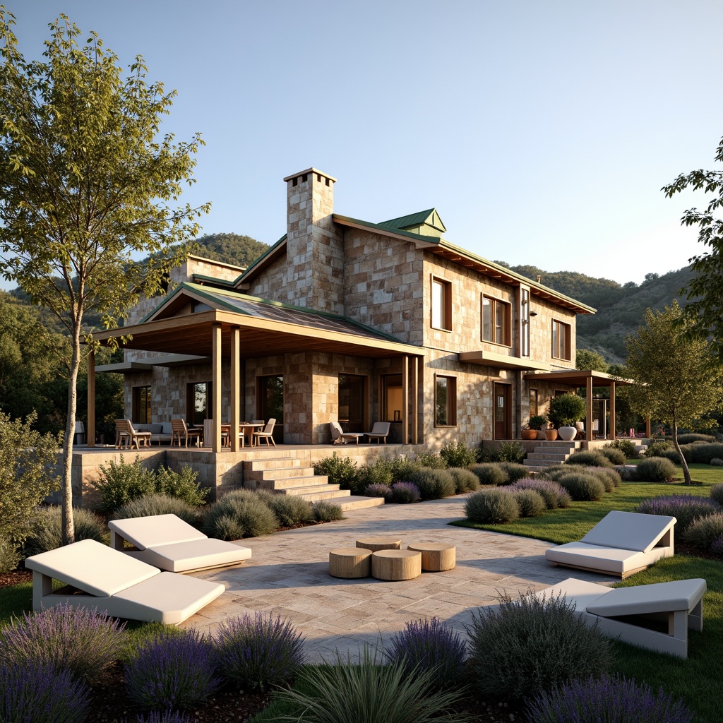 Prompt: Rustic winery facade, earthy tones, wooden accents, vineyard-inspired patterns, social housing complex, modern minimalist architecture, large windows, sliding glass doors, natural stone walls, green roofs, solar panels, outdoor communal spaces, shaded courtyards, Mediterranean-style landscaping, olive trees, lavender fields, warm sunny day, soft diffused lighting, 1/1 composition, realistic textures, ambient occlusion.