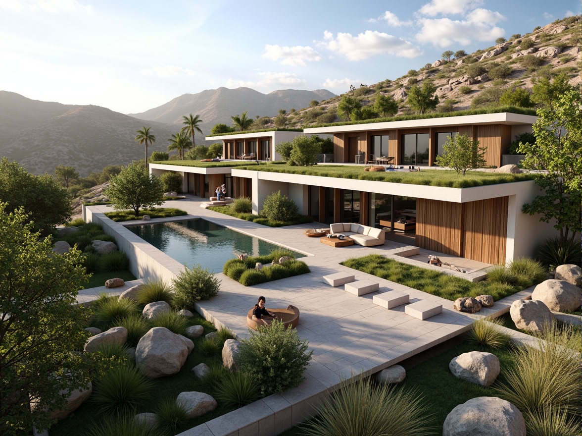 Prompt: Sleek modern buildings, green roofs, lush vegetation, natural stone walls, wooden accents, floor-to-ceiling windows, sliding glass doors, outdoor living spaces, infinity pools, cantilevered decks, minimalist landscaping, succulent gardens, desert flora, misting systems, shaded walkways, warm ambient lighting, soft focus, 1/1 composition, realistic textures, atmospheric perspective.