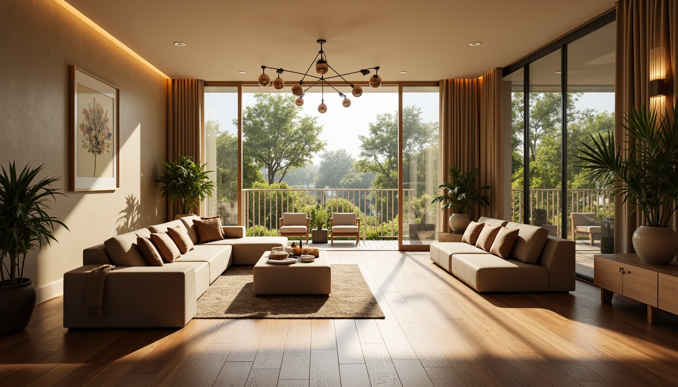 Prompt: Cozy living room, plush sofas, warm beige walls, rich wood flooring, soft golden lighting, comfortable throw pillows, modern minimalist decor, large windows, natural daylight, lush greenery views, elegant chandeliers, sophisticated color palette, calming atmosphere, shallow depth of field, 1/1 composition, realistic textures, ambient occlusion.