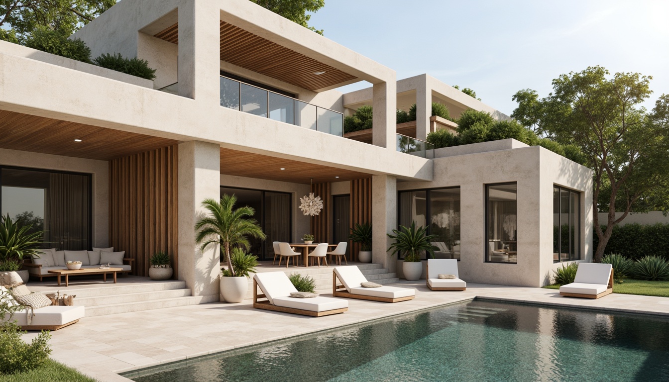 Prompt: Luxurious villa, modernist architecture, clean lines, minimal ornamentation, large windows, sliding glass doors, open-plan living spaces, high ceilings, polished concrete floors, warm beige walls, rich wood accents, sleek metal fixtures, subtle color palette, soft creamy whites, gentle grays, taupe undertones, earthy browns, muted blues, natural stone textures, lush greenery, serene outdoor spaces, sunny day, soft warm lighting, shallow depth of field, 3/4 composition, panoramic view, realistic textures, ambient occlusion.