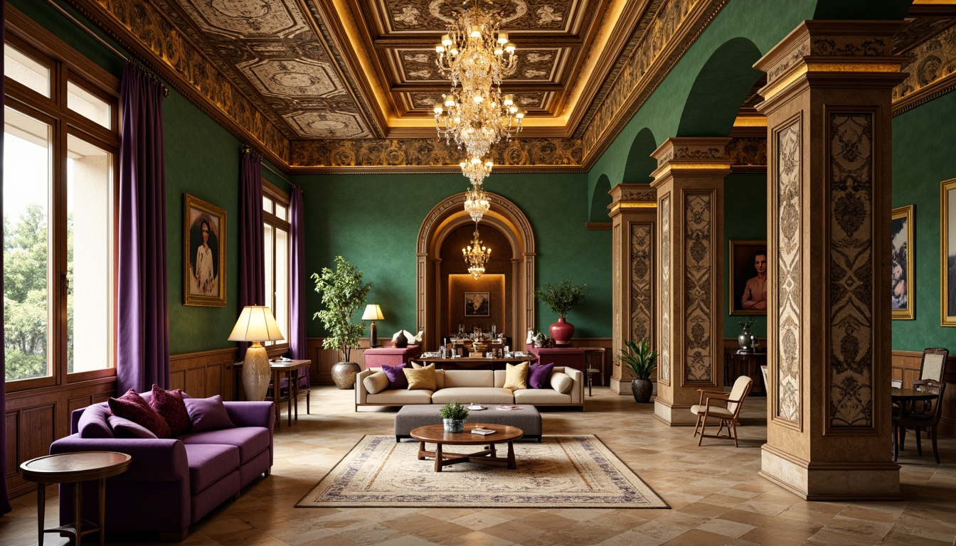 Prompt: Luxurious apartment interior, Byzantine-inspired architecture, rich jewel tones, emerald green walls, golden accents, ornate patterns, intricate mosaics, warm beige marble floors, lavish velvet fabrics, regal purple hues, soft cream ceilings, dramatic chandeliers, opulent furnishings, grandiose archways, mystical ambiance, warm golden lighting, shallow depth of field, 1/1 composition, realistic textures, ambient occlusion.