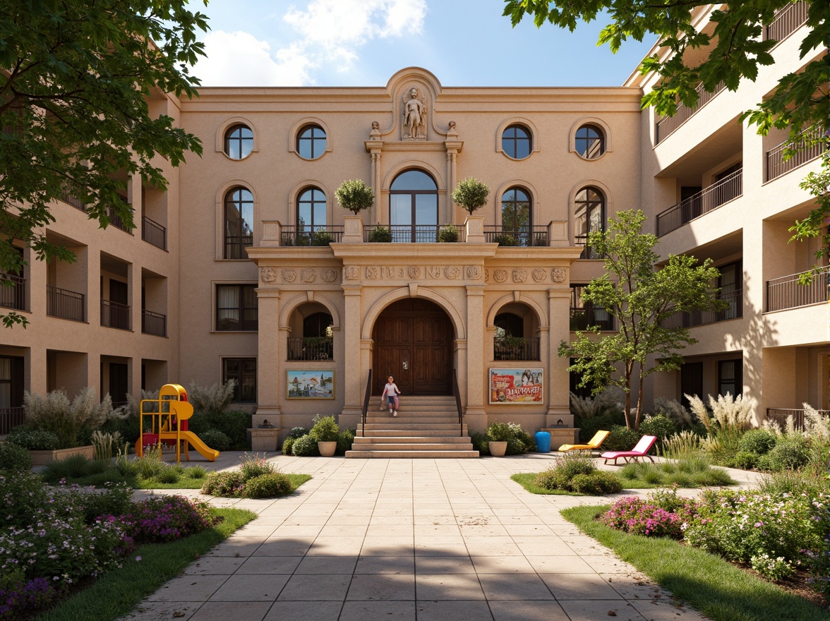 Prompt: Rustic elementary school building, Romanesque arches, warm beige stone walls, ornate carvings, grand entrance, heavy wooden doors, vibrant greenery, blooming flowers, playful playground equipment, colorful murals, educational signage, natural stone walkways, curved staircases, high ceilings, large windows, soft warm lighting, shallow depth of field, 3/4 composition, panoramic view, realistic textures, ambient occlusion.