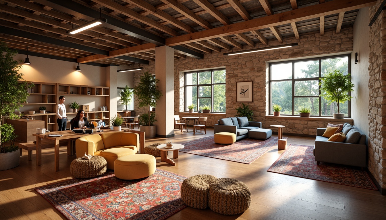 Prompt: Cozy student lounge, warm wooden accents, plush sofas, rustic stone walls, industrial metal beams, vibrant colorful rugs, natural light pouring in, large windows, minimalist decor, modern furniture, collaborative workspaces, private study nooks, acoustic panels, sound-absorbing materials, soft warm lighting, shallow depth of field, 3/4 composition, panoramic view, realistic textures, ambient occlusion.