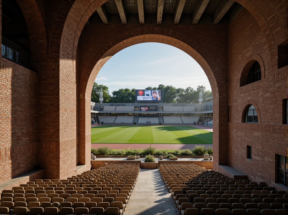 Prompt: Grand stadium architecture, rustic masonry walls, arches, columns, ornate stone carvings, textured brick facades, earthy tones, natural materials, imposing grandstands, tiered seating, lush green fields, athletic tracks, scoreboard displays, floodlighting, dramatic shadows, 1/2 composition, low-angle shot, realistic textures, ambient occlusion.