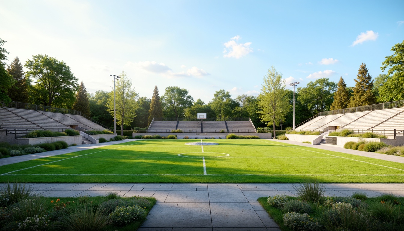 Prompt: Minimalist sports fields, lush green grass, subtle earthy tones, weathered wood bleachers, sleek metal goalposts, clean white lines, natural stone pathways, sparse trees, clear blue skies, warm sunny days, soft diffused lighting, shallow depth of field, 3/4 composition, panoramic view, realistic textures, ambient occlusion.