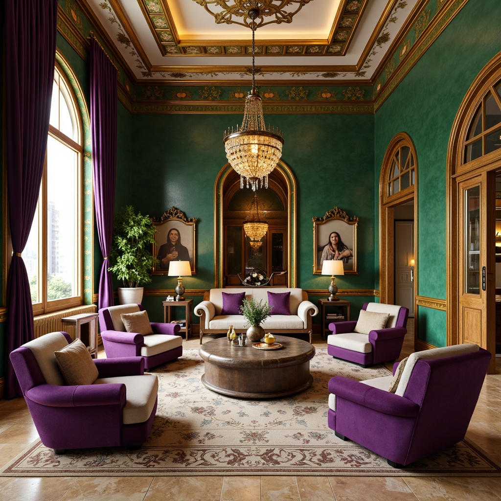 Prompt: Luxurious apartment interior, Byzantine-inspired architecture, rich jewel tones, emerald green walls, golden accents, ornate patterns, intricate mosaics, warm beige marble floors, lavish velvet fabrics, regal purple hues, soft cream ceilings, dramatic chandeliers, opulent furnishings, grandiose archways, mystical ambiance, warm golden lighting, shallow depth of field, 1/1 composition, realistic textures, ambient occlusion.