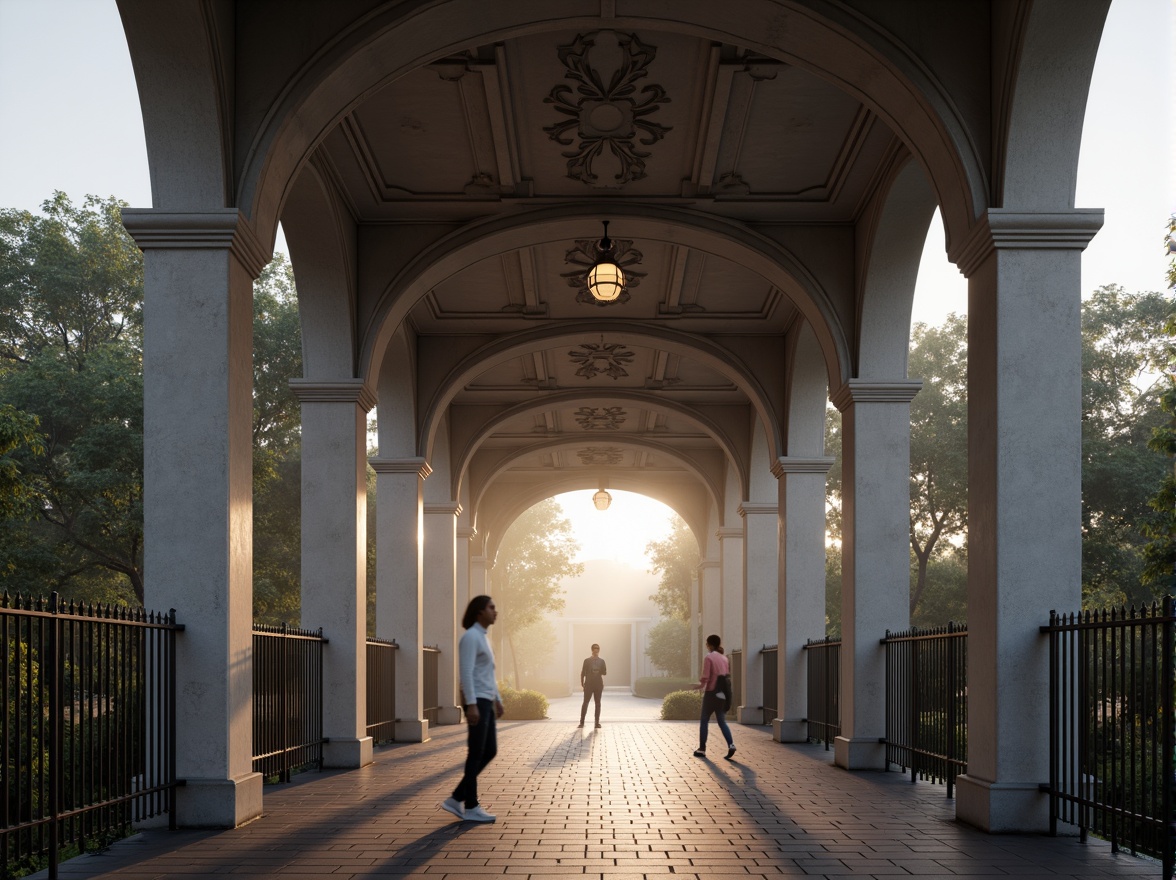 Prompt: Elegant pedestrian bridge, classical arches, ornate stone carvings, symmetrical composition, grand entrance, sweeping curves, refined metal railings, subtle lighting, misty morning atmosphere, soft warm glow, shallow depth of field, 1/1 composition, realistic textures, ambient occlusion.