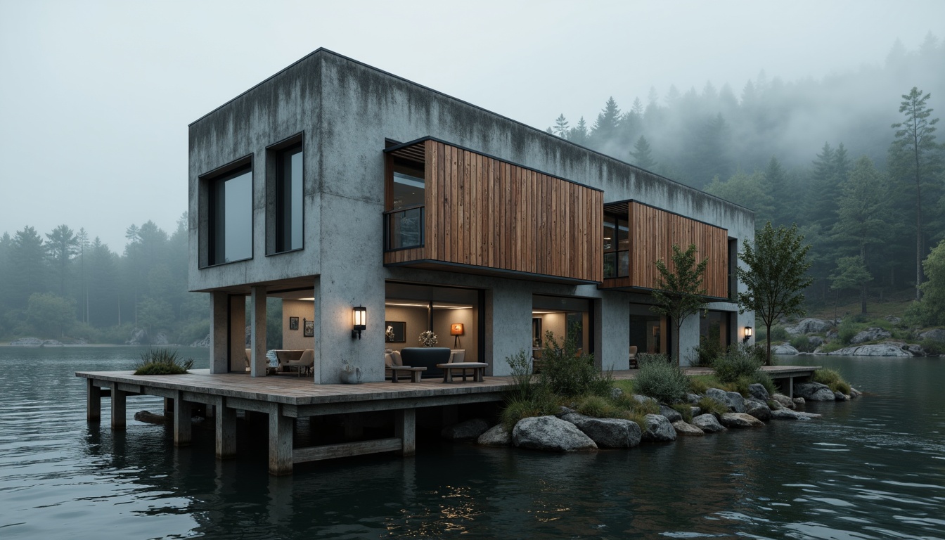 Prompt: Rugged boathouse, brutalist facade, raw concrete walls, weathered wooden accents, industrial metal frames, oversized windows, minimalist decor, nautical ropes, distressed wood textures, rusty metal details, dramatic shadows, low-key lighting, cinematic composition, atmospheric mist, mysterious lake surroundings, dense forest backdrop, overcast sky, subtle color palette, rough-hewn stone foundations.