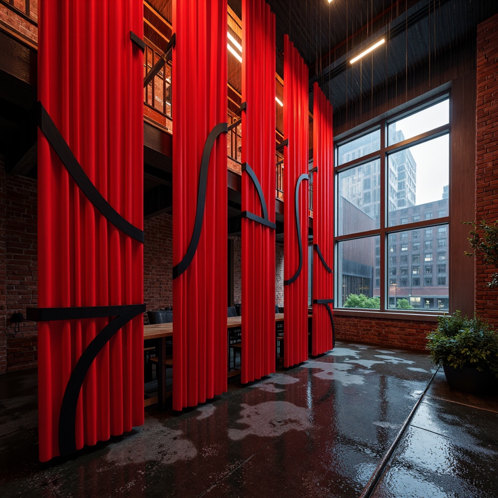 Prompt: Vibrant red curtains, bold black outlines, geometric shapes, abstract forms, avant-garde architecture, industrial materials, exposed brick walls, metallic accents, dynamic lighting, dramatic shadows, futuristic ambiance, urban cityscape, rainy night, misty atmosphere, cinematic mood, high-contrast colors, stark whites, deep blacks, rich textures, intricate patterns, constructivist art pieces, experimental sculptures, abstract installations.