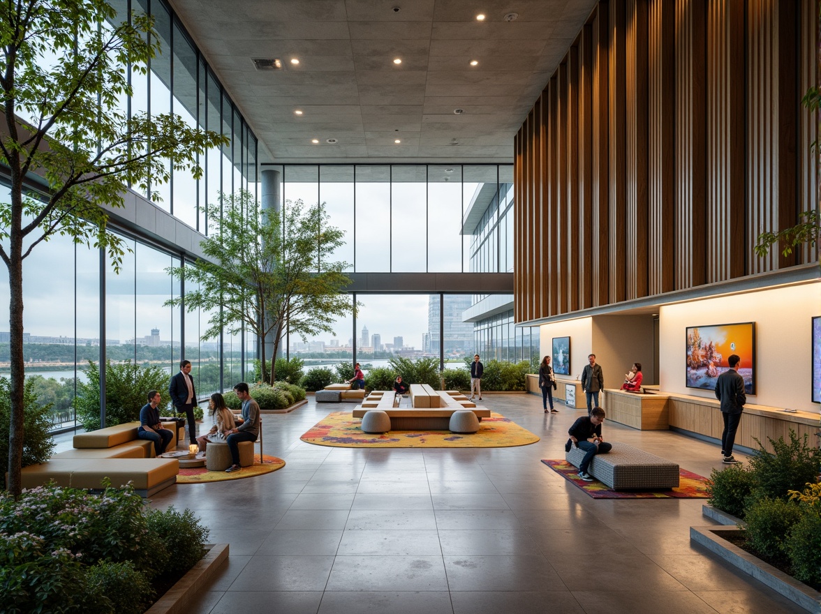 Prompt: Modern visitor center interior, sleek glass walls, polished concrete floors, minimalist decor, interactive exhibits, digital displays, comfortable seating areas, natural wood accents, abundant greenery, floor-to-ceiling windows, panoramic views, soft warm lighting, shallow depth of field, 3/4 composition, realistic textures, ambient occlusion, futuristic architecture design, innovative materials, sustainable energy solutions, eco-friendly furniture, vibrant colorful textiles, intricate geometric motifs.